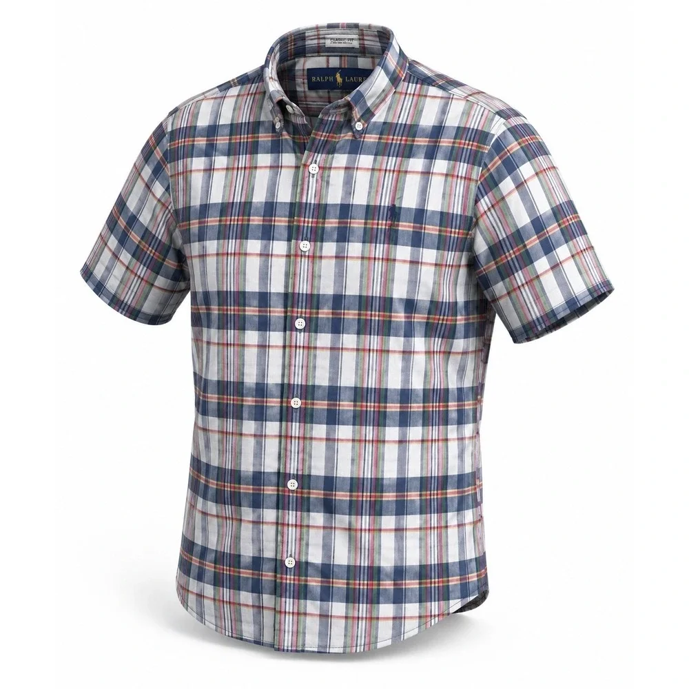 Ralph Lauren Bleeding Madras Shirt Mens M Blue White Plaid Button Down SS